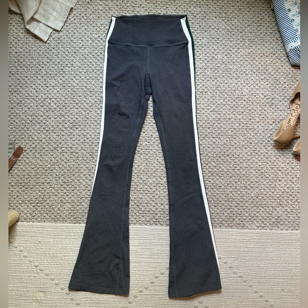 Gray Raquel Flared Leggings with Green / White Stripes